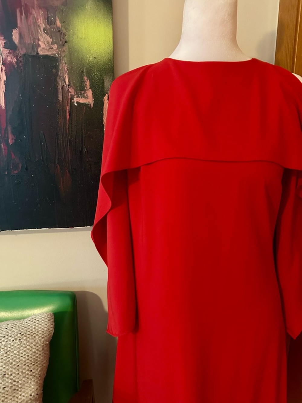 Elegant Red Long-Sleeve Cape-Overlay Dress